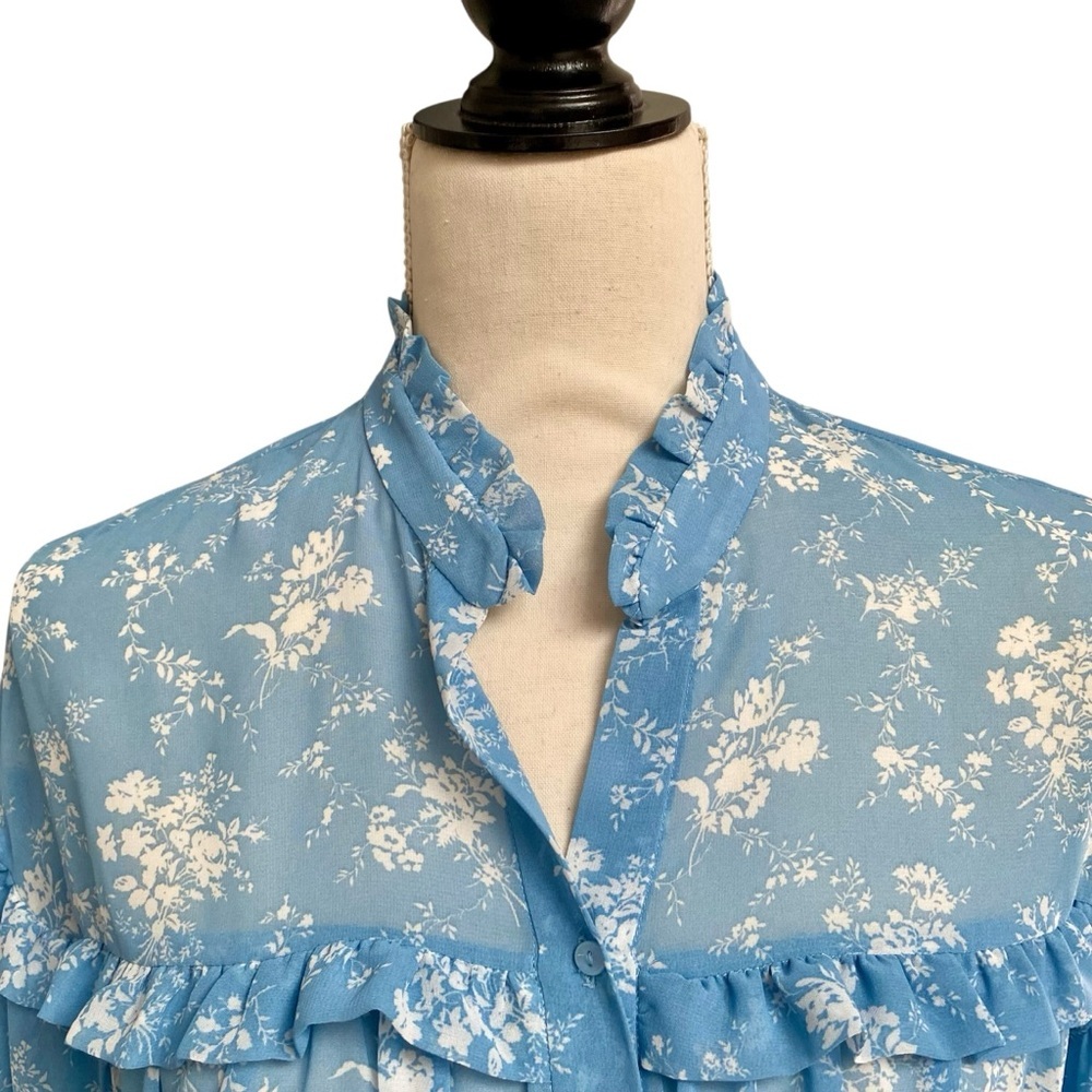 Zara Blue Floral Ruffle Button Front Blouse Size S - Picture 5 of 16